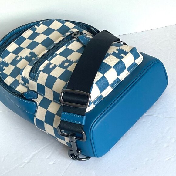 Coach West Pack Sling Bag Checker Blue Canvas Leather Sling Backpack CR294 - Picture 7 of 10